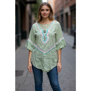 NWT Women's Miracle Green Tunic Top with Multicolor Crochet Trim S/M